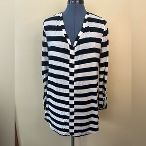 Cable and Gauge Striped V-Neck Women's Top. Comfortable and soft.